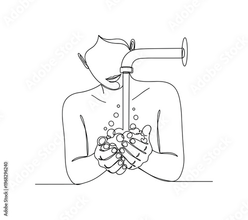 Washing Hands. Minimalistic one-line drawing person rubbing hands with soap and water, continuous single black line on white background, simple outline style,