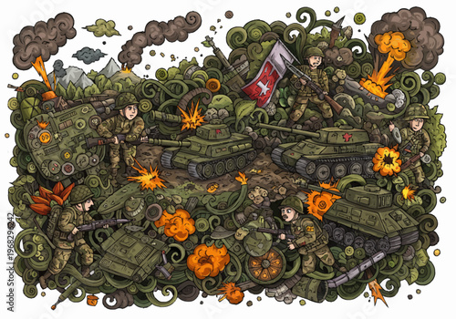 Soldiers are fighting with tanks and guns in a war-torn landscape with explosions and smoke rising everywhere nearby.