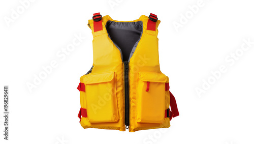 Foto Bright yellow life vest with black shoulder panels and red pocket accents, isola