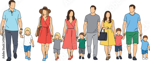 Families walking together illustration, parents and children holding hands, modern lifestyle concept, diverse people group, parenting, colorful flat design, unity
