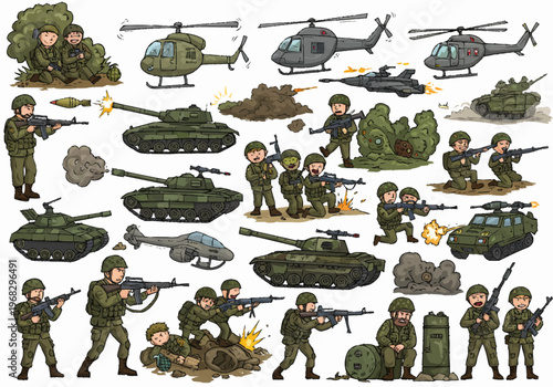 Soldiers and military vehicles engage in combat operations in a war zone with helicopters providing air support and tanks leading ground assaults.