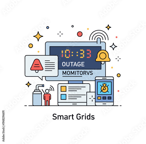 Smart grids power outage monitoring scene where alerts and notifications are displayed digitally while small sparkle and line icons emphasize reliability,