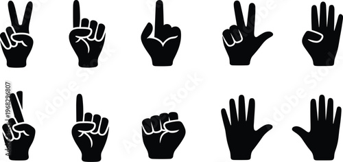 Hand gesture silhouettes, counting signs illustration, nonverbal communication design, symbolic finger graphic, flat vector