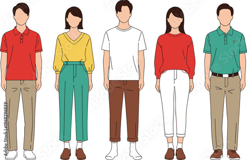 Casual people standing illustration, modern men and women outfits, simple lifestyle characters, everyday fashion concept, flat design, minimal style