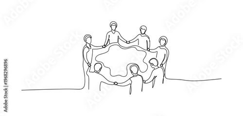 Open Source Ideas. Minimalistic one-line drawing people linking hands or lines to common innovation, continuous single black line on white background, simple