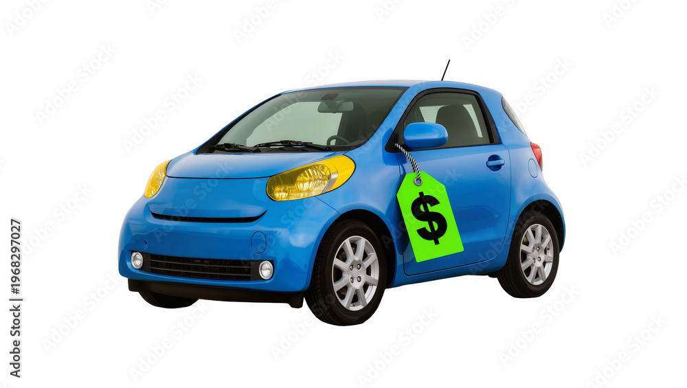 Fototapeta premium Bright blue compact city car with silver alloy wheels and a price tag, isolated on transparent background for automotive advertising and sales