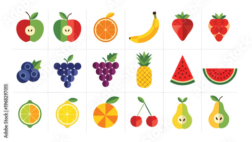 Vibrant Flat Design Fruit Icon Collection: Assortment of Healthy Vector Graphics for Food & Nutrition Concepts