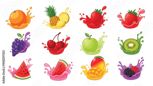 Bild auf Leinwand Vibrant Tropical and Garden Fruits with Dynamic Juice Splashes Vector Collection