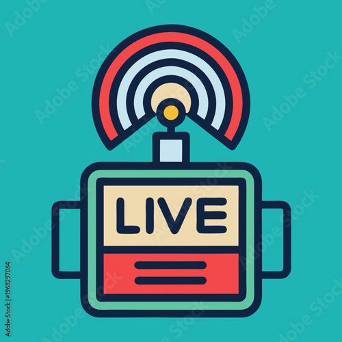 Live streaming broadcast icon with signal waves and 'live' text on a vibrant background
