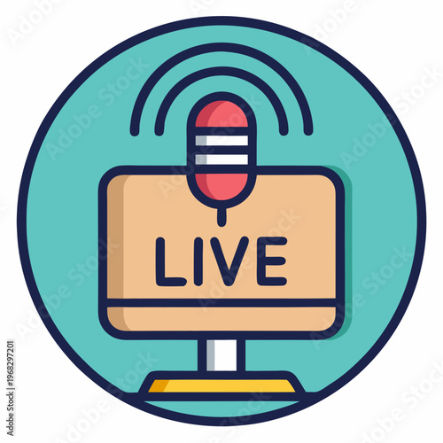 Live broadcast and streaming icon with microphone, monitor, and signal waves