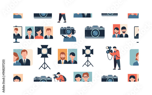 photo shoot motifs seamless pattern, repeating pattern, surface design, textile print, modern illustration of corporate headshots, team photos, cameras,