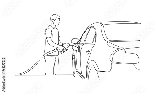 Gasoline Fill-Up. Minimalistic one-line drawing person topping up car fuel tank, continuous single black line on white background, simple outline style, no