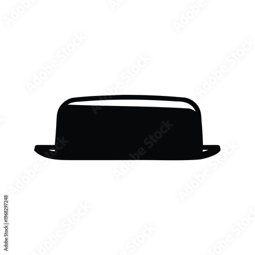 Simple bold black silhouette of a bowler hat accessory on white background