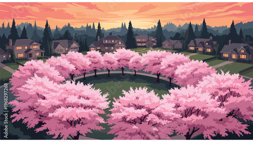 Serene Suburban Neighborhood with Circular Cherry Blossom Park in Full Bloom at Golden Hour, Idyllic Spring Landscape Illustration