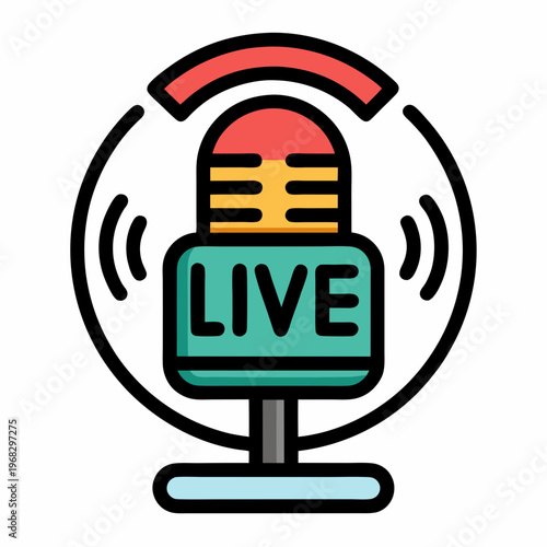 Live streaming microphone icon broadcasting audio waves for online content and podcasting