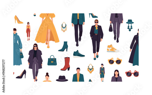 runway motifs seamless pattern, repeating pattern, surface design, textile print, modern illustration of models in designer clothing, statement dresses,