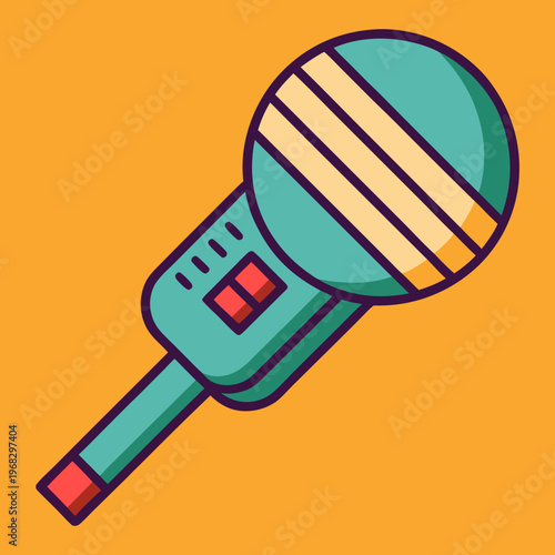 A colorful retro-style microphone with teal and yellow accents on a vibrant orange background