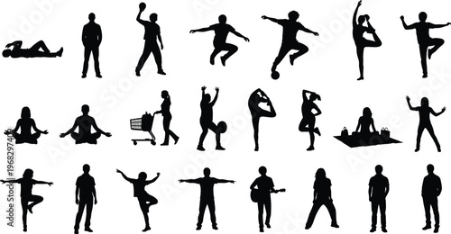 People silhouettes activity set, various poses sports yoga shopping music, human figures collection, lifestyle concept, black shadow illustration, isolated design