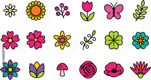 Floral mini accent vector set with tiny flowers, leaves, butterfly and botanical icons for spring decorations, invitations, stickers, feminine branding, greeting cards and cute nature themed layouts