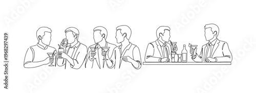 Festive Drinks. Minimalistic one-line drawing individuals chatting and sipping cocktails at party, continuous single black line on white background, simple