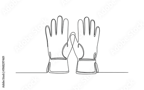 Gloves for Labor. Minimalistic one-line drawing pair of work gloves with cuffs visible, continuous single black line on white background, simple outline style,