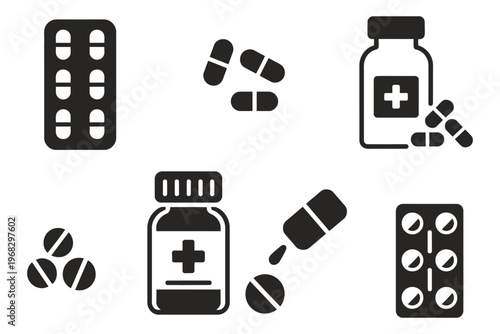 Medicament icon set, pharmaceutical and treatment symbols, hand drawn vector illustration in black and white, minimalist design for healthcare, medicine, and medical infographic projects