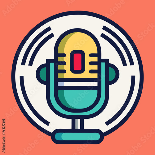 Colorful vintage microphone icon for podcasting and audio recording broadcast