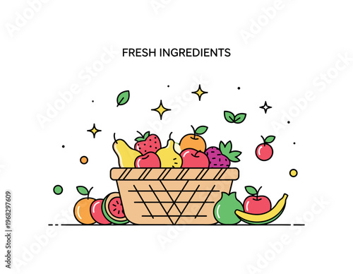 Fresh ingredients fruit basket scene where colorful fruits are displayed in a woven basket while small sparkle and leaf icons emphasize health, freshness, and