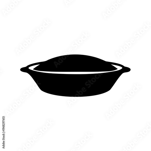 Simple black and white image of a cooking pot full of food