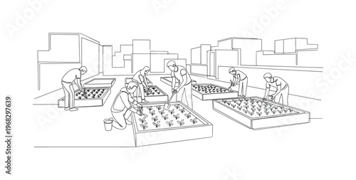 City Garden Community. Minimalistic one-line drawing residents working in raised garden beds in urban space, continuous single black line on white background,