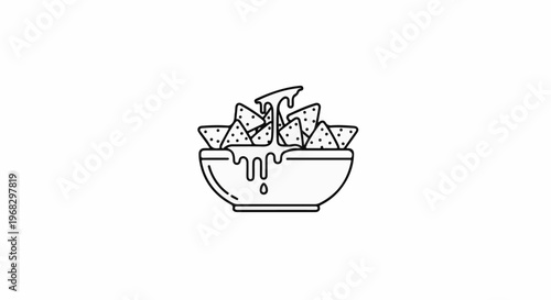 A black and white line drawing of nachos in a bowl with cheese sauce