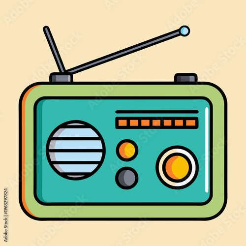 Retro teal radio with antennae and classic dials, broadcasting vintage tunes