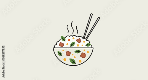 A bowl of steaming rice topped with cubes and leaves, with chopsticks