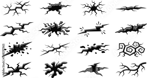 Ground crack and fractured surface set with split earth, damage lines and broken texture shapes for game assets, disaster graphics, comic scenes, impact effects and dramatic design compositions