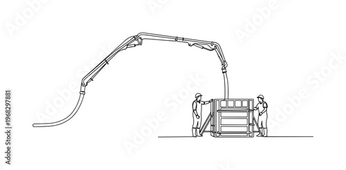 Concrete Work. Minimalistic one-line drawing pump hose pouring concrete into formwork with operators, continuous single black line on white background, simple