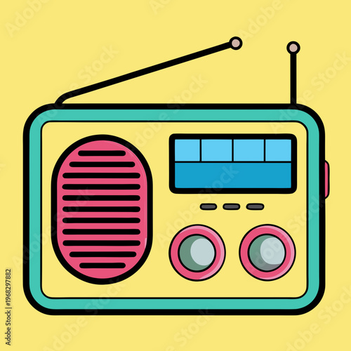 Vibrant retro cartoon radio illustration with antennas, speaker, and controls on a yellow background