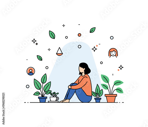 Mental health self-reflection space scene where a person sits quietly with plants and soft light while tiny sparkle and leaf icons highlight introspection,
