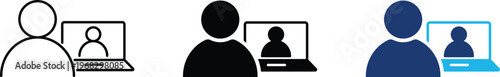 Online learning icon showing professional distance education with student and laptop interface. Professional illustration for virtual classrooms, remote training workshops, and e-learning platforms.