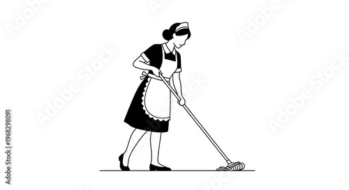 Monochromatic illustration of a uniformed housekeeper actively mopping, symbolizing essential home maintenance and diligent cleaning services