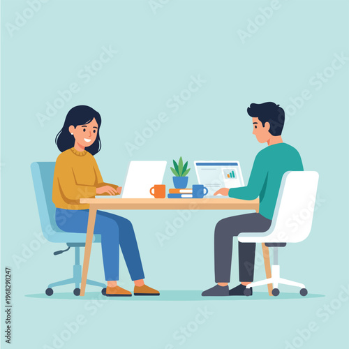 Adobe Stock ke liye is illustration ke Title aur Flat vector illustration of a man and woman working on laptops at a d