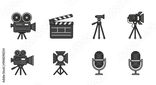 Versatile vector icon set for film production, media equipment, and broadcasting tools, ideal for cinema, movie, and entertainment industry design projects