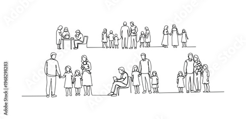 Emergency Gathering. Minimalistic one-line drawing individuals and families at evacuation site, continuous single black line on white background, simple