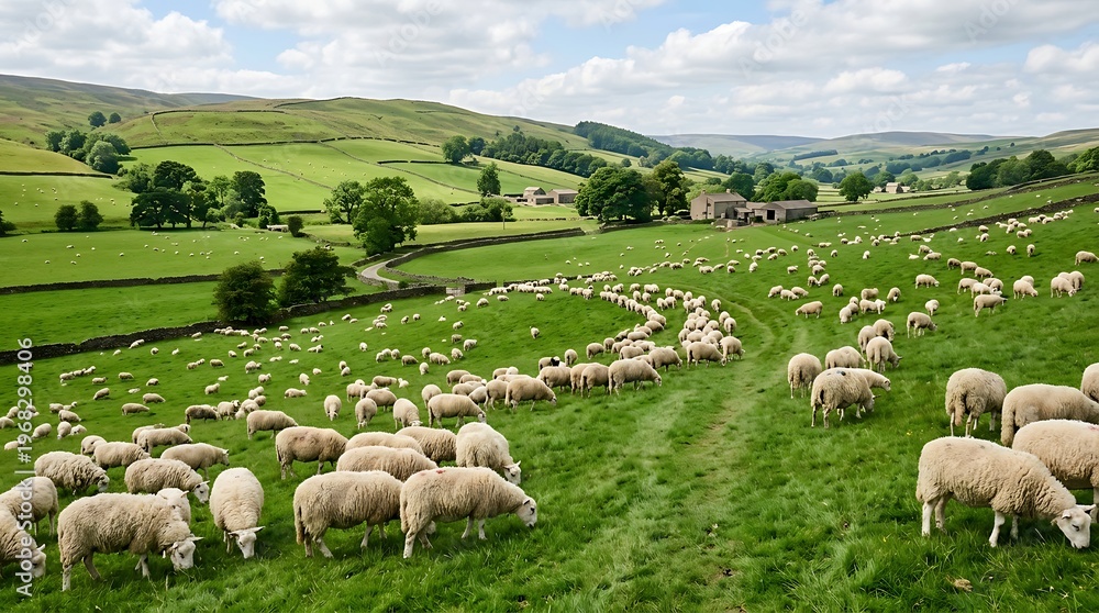 Fototapeta premium Herd of sheep grazing on lush green hillside under a cloudy sky landscape