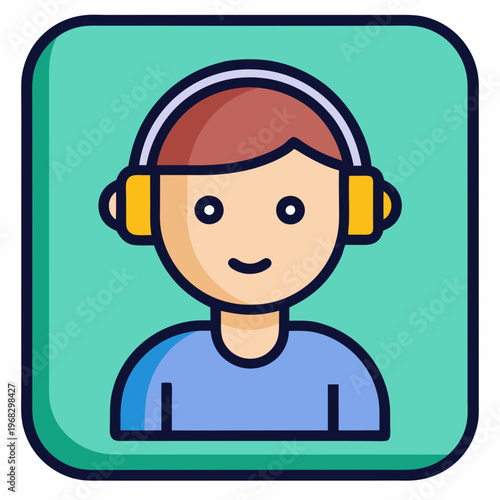 Happy person listening to music with headphones, depicted in a modern flat design icon