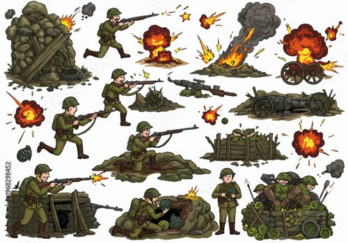 Soldiers engage in combat with explosions and firepower on battlefield terrain.