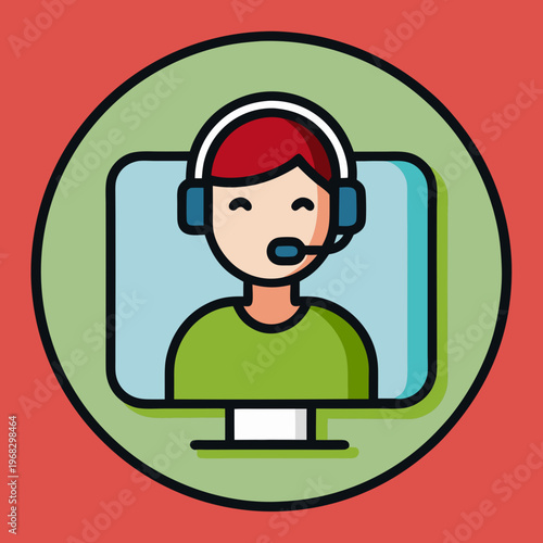 Online customer support agent with headset offering virtual assistance through a computer screen