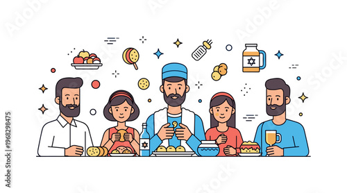 Passover traditions festive meal scene where family members enjoy traditional foods while small sparkle and line icons emphasize togetherness, heritage, and