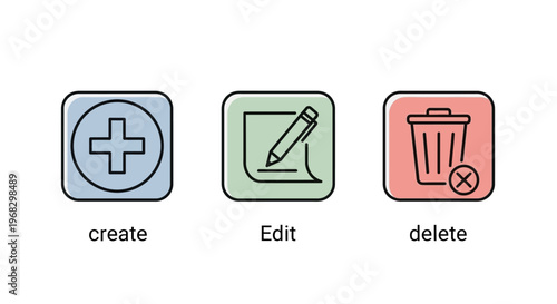 Essential UI action icons create, edit, and delete symbols for digital applications and software interfaces, ideal for web design and mobile app development projects
