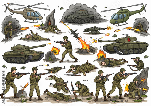 Soldiers and military vehicles engage in battle with explosions in a war zone scene