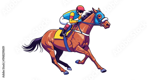 Dynamic illustration of a jockey and racehorse sprinting to victory in a thrilling competitive equestrian event, showcasing speed and determination on the track